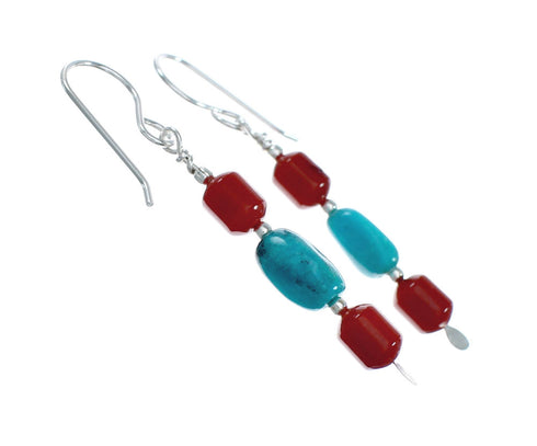 Turquoise And Coral Sterling Silver Bead Hook Dangle Navajo Earrings X10444